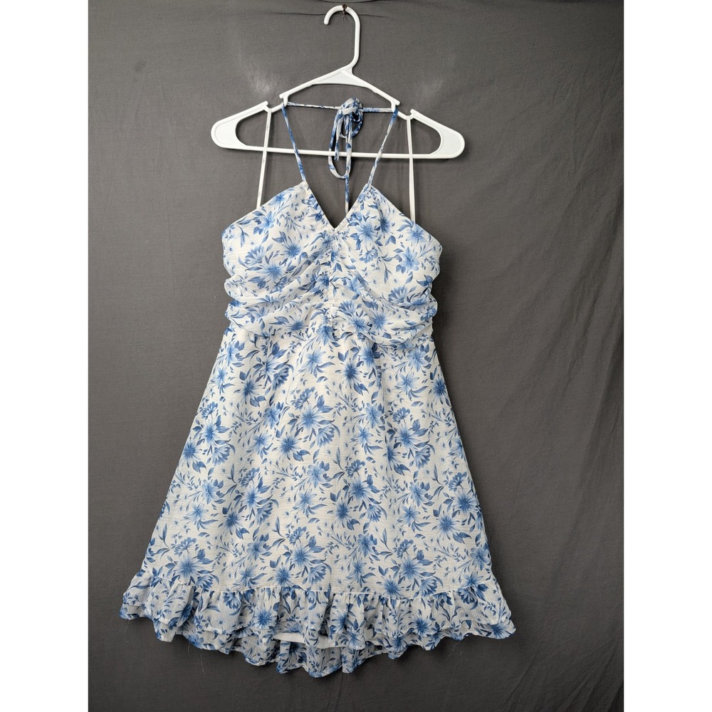 Lulus‎ Blue and White Floral Halter Mini Dress XL Ruffle Hem Ruched Bust 5552